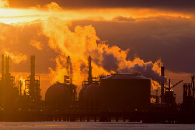 Panoramic view of factory against sky during sunset