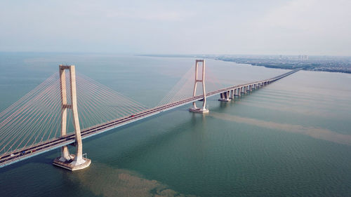 View of suspension bridge in city