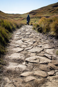 Rear view of man walking on dirt road