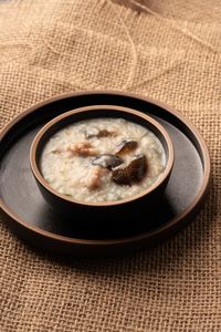 High angle view of soup in bowl on table