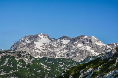 Scenic view of rocky mountains against clear blue sky during winter