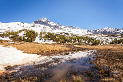 Scenic view of snowcapped mountains against clear sky