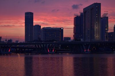 Bridge over river by buildings against sky during sunset