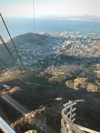 High angle view of sea and cityscape against sky