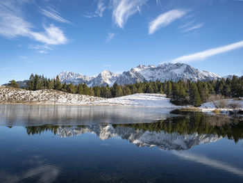 Scenic view of lake by snowcapped mountains against sky