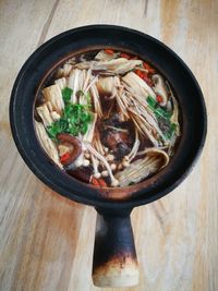 High angle view of soup in bowl on table