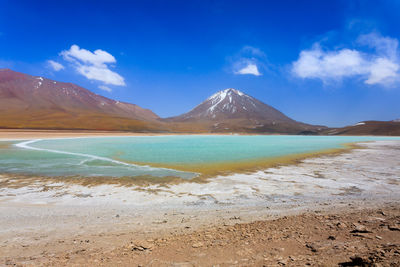 Scenic view of sea and mountains against blue sky