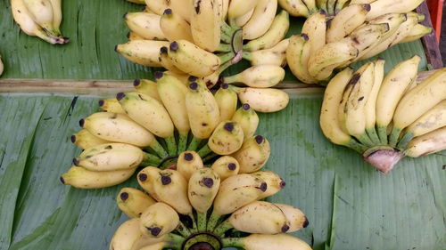 High angle view of bananas on leaf