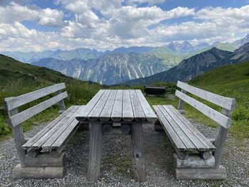 Empty bench on mountain against sky panorama 