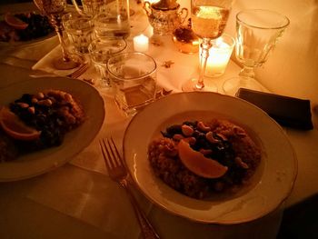 High angle view of dessert served on table