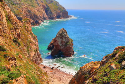 High angle view of rocks in sea