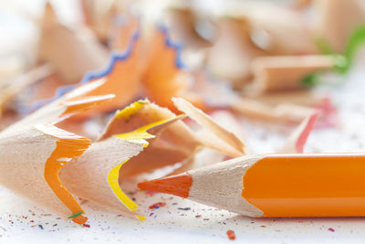 Sharpened colorful pencils and wood shavings