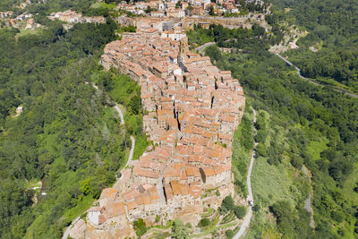 Aerial view of the medieval town of pitigliano in the province of grosseto on the hills 