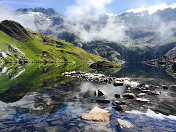 Scenic view of lake and mountains against sky