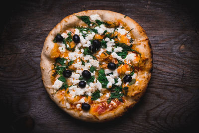 High angle view of pizza on table