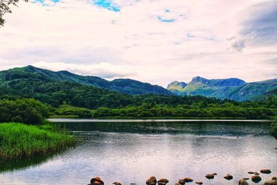 View of lake against mountain range