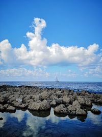 Scenic view of sea against blue sky