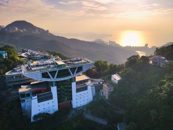 High angle view of townscape against sky during sunset