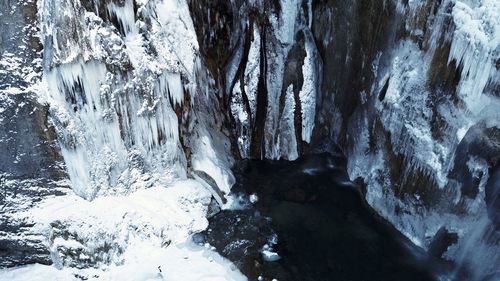Panoramic view of frozen waterfall