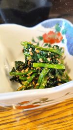 High angle view of vegetables in plate on table