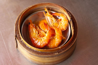 High angle view of noodles in bowl on table