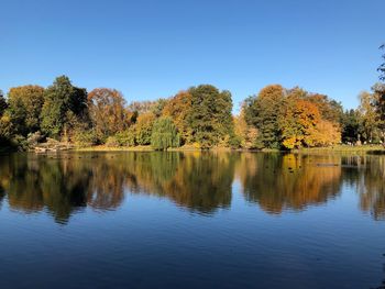Scenic view of lake by trees against clear sky
