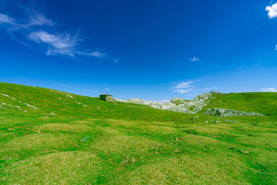 Landscape of green grass and rock hill in spring with beautiful blue sky and white clouds.