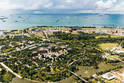 Aerial view of landscape by sea