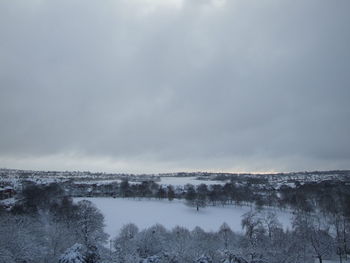 Snow covered landscape against sky