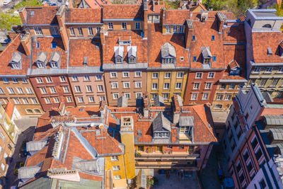 Panorama of traditional polish homes in warsaw old town. poland. aerial view