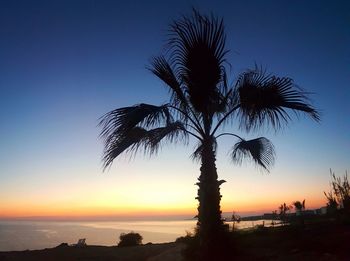 Silhouette tree by sea against clear sky during sunset