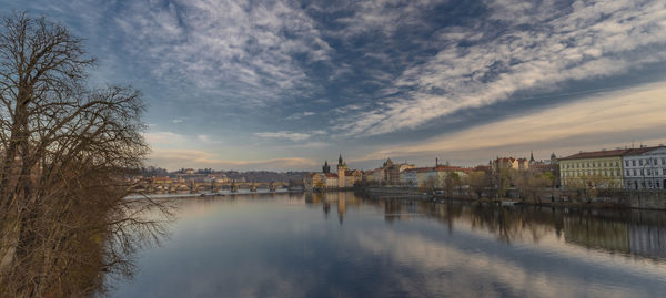 Scenic view of river by buildings against sky