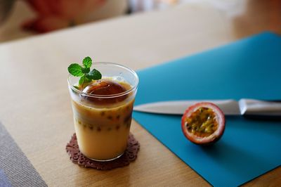 High angle view of drink on table