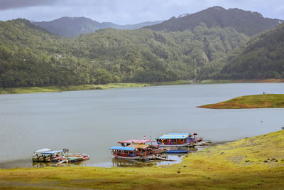 High angle view of lake and mountains