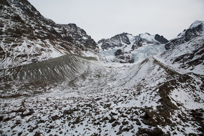 Low angle view of snow covered mountain against sky
