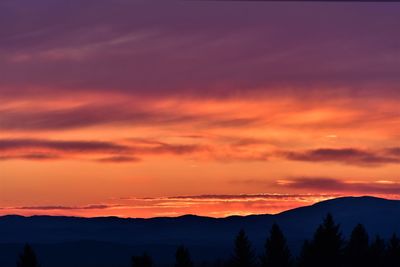 Scenic view of silhouette mountains against orange sky