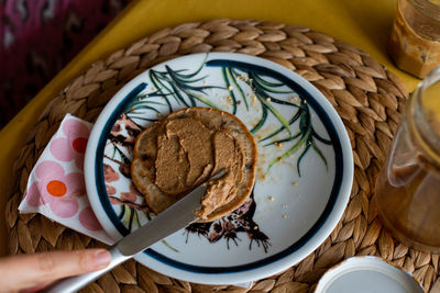 High angle view of breakfast served on table