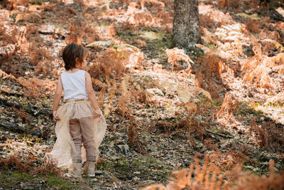 Rear view of boy looking at forest