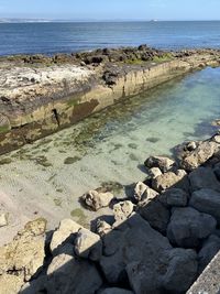 Scenic view of rocks on beach against sky