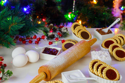 Close-up of christmas decorations on table