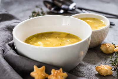 High angle view of soup in bowl on table