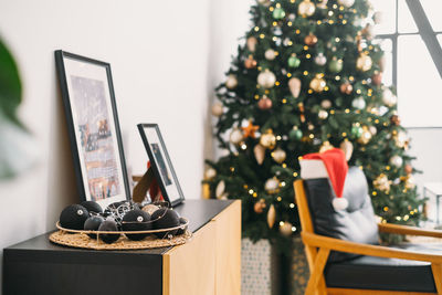 Low angle view of christmas decorations on table