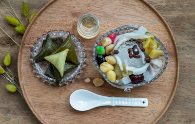 High angle view of breakfast on table