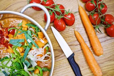 High angle view of chopped vegetables on cutting board