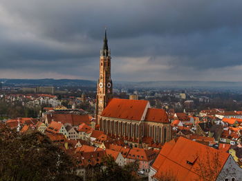 Landshuter dom with city view against stormy weather