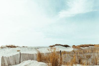 Scenic view of beach against sky during winter