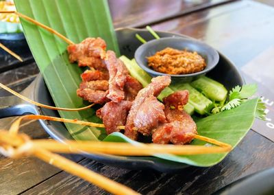 Close-up of meal served on table