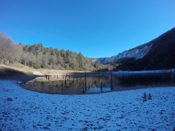 Scenic view of lake against clear blue sky