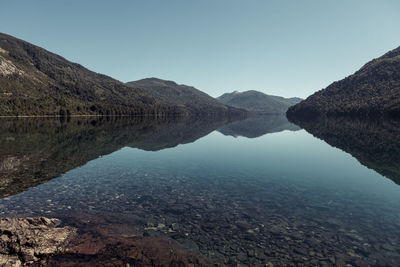 Scenic view of lake and mountains against clear sky