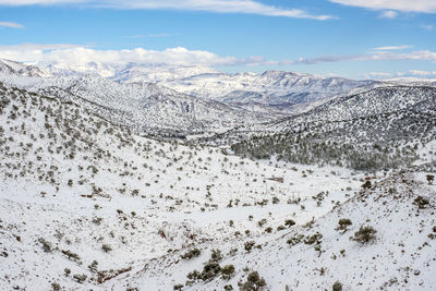 Atlas mountains landscape during winter snow, ouarzazate province, morocco